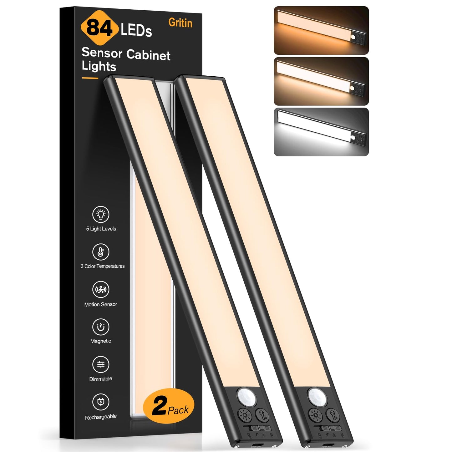 GRITIN Rechargeable Under-Cabinet LED Lights with Motion Sensor – 84 LEDs, Magnetic, 3 Colours, Pack of 2