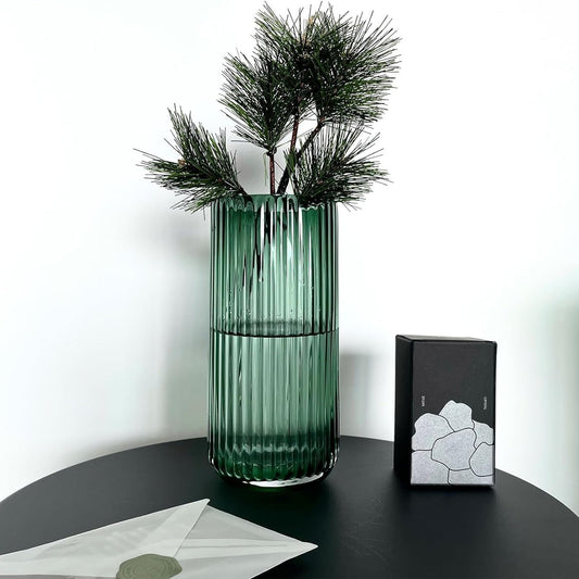 Vzmiza Green Glass Vase | Ribbed Flower Vase for Pampas Grass – Nordic Boho Style for Wedding, Dining Table & Modern Home Decor (Green)