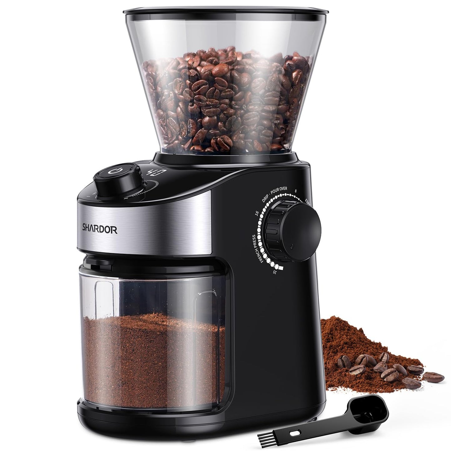 SHARDOR Electric Coffee Grinder with 25 Grinding Settings, Coffee Grinder with Precise Digital Display, Disc Grinder for Espresso, Drip Coffee and French Press, 200 W, 200 g Bean Container