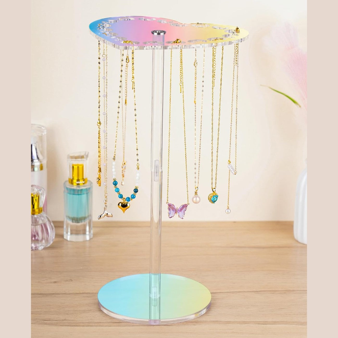 NiHome Iridescent Rotating Acrylic Jewellery Stand with Heart Top – Necklace Organiser for Multiple Sizes
