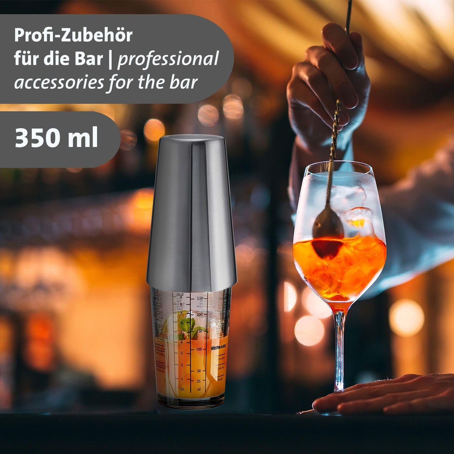 Cocktailshaker mitta-asteikolla ja siivilällä – 400 ml, lasi & teräs
