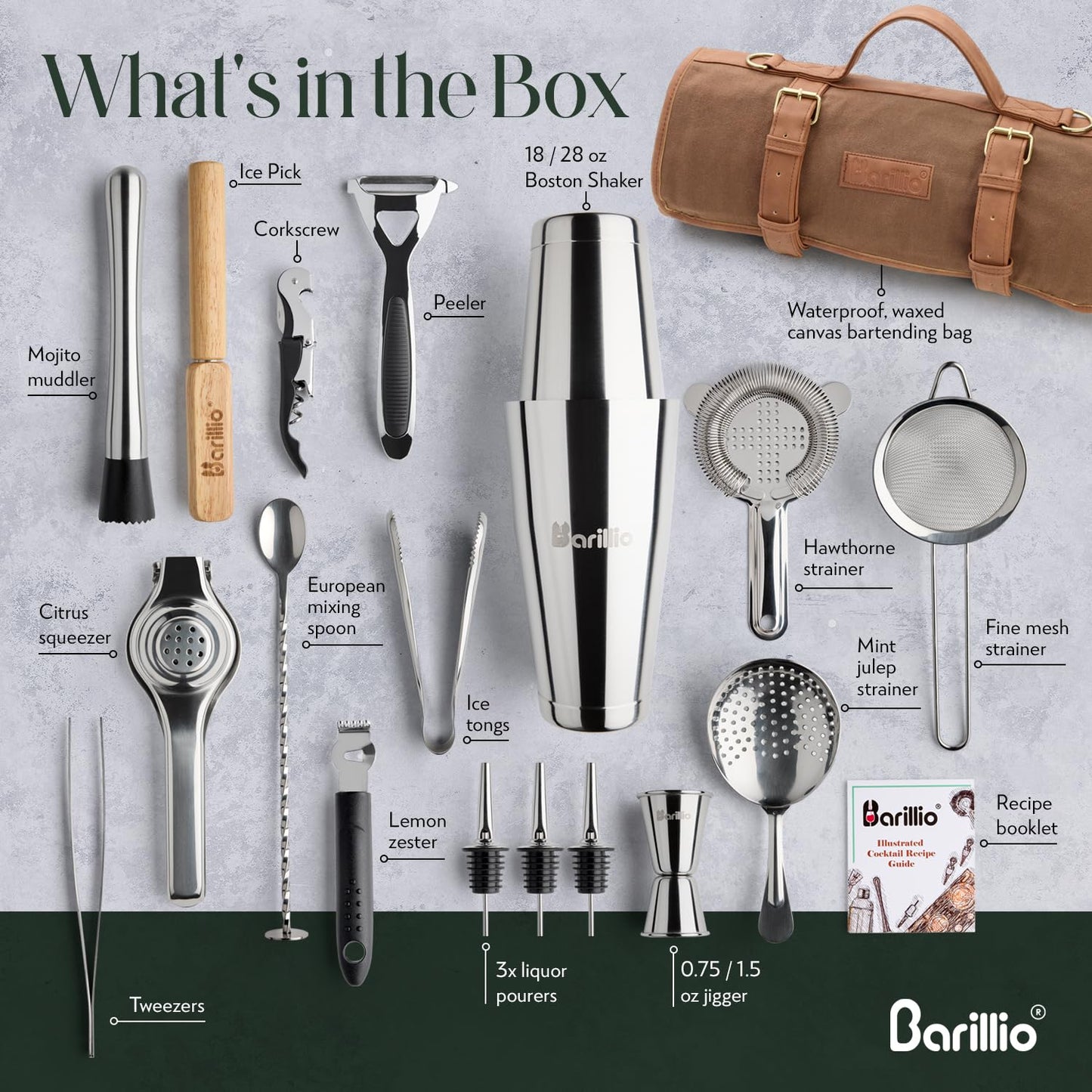 17-osainen baarimestarinsetti Barillio – cocktaillaukku tarvikkeineen