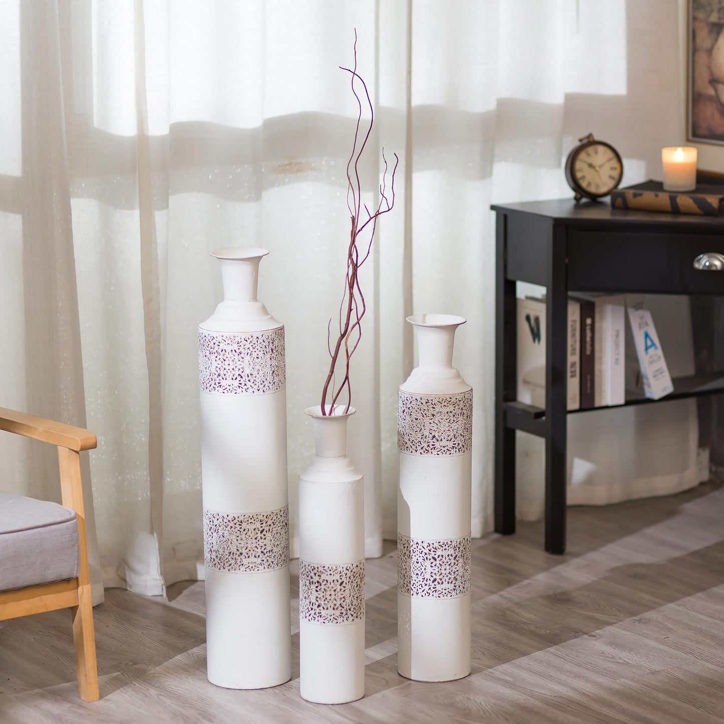 Sziqiqi Extra Large Floor Vase Set of 2 | 66/60 cm Tall Vintage Blue Metal Vases with Narrow Neck for Pampas Grass, Artificial Plants & Decorative Branches – Farmhouse Living Room Decor