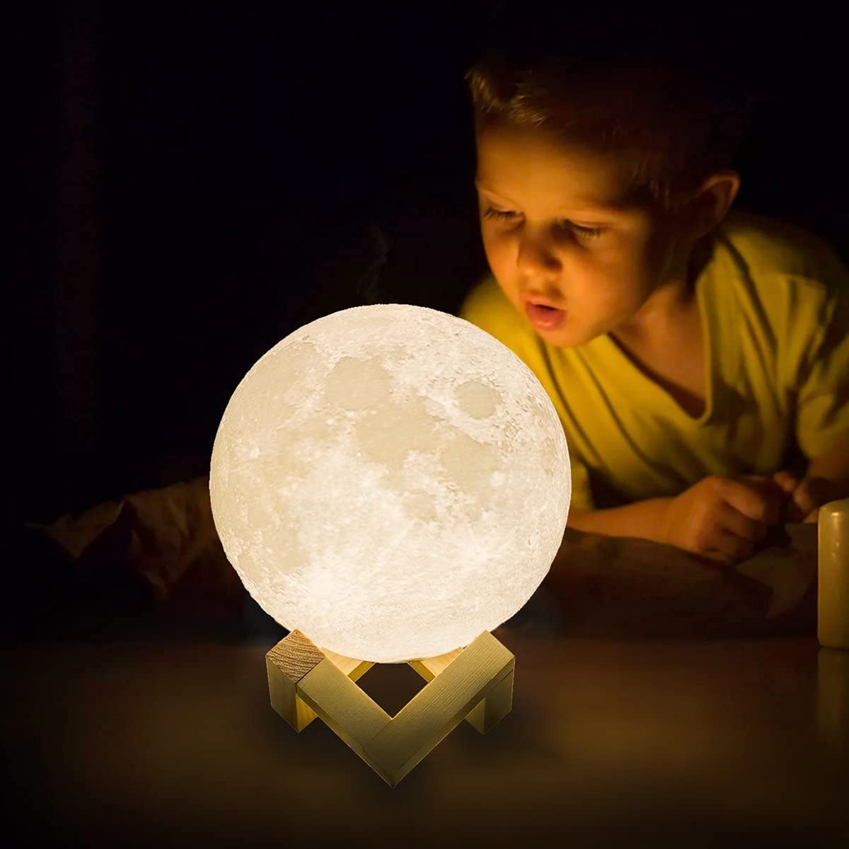 Mydethun 3D Moon Lamp – 15 cm Wooden Base, LED Night Light with Touch Control, White & Yellow, Christmas Gift.