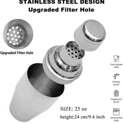 Cocktail Shaker, 750 ML Edelstahl Cocktail Shaker Martini Shaker Schüttelbecher + Mixer mit Sieb