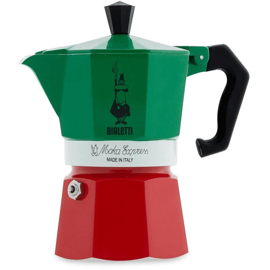 Bialetti - Moka Express Italia Kollektion: Ikonische Espressomaschine für die Herdplatte, macht echten Italienischen Kaffee, Moka-Kanne für 3 Tassen (130 ml), Aluminium, in Rot-Grün-Silber gefärbt