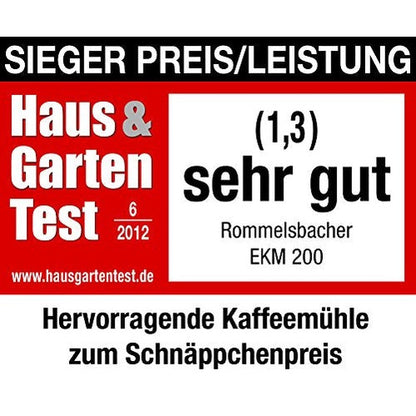 ROMMELSBACHER Kaffeemühle EKM 200 – aromaschonendes Scheibenmahlwerk, Mahlgrad einstellbar von grob bis fein, 2-12 Portionen, Füllmenge Bohnenbehälter 250 g, 110 Watt, schwarz