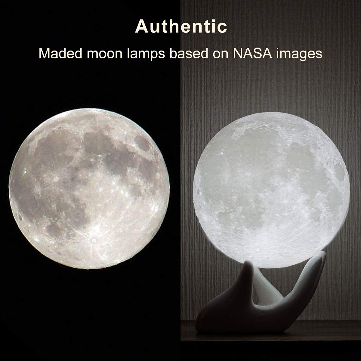 Mydethun 3D Moon Lamp – 15 cm Wooden Base, LED Night Light with Touch Control, White & Yellow, Christmas Gift.