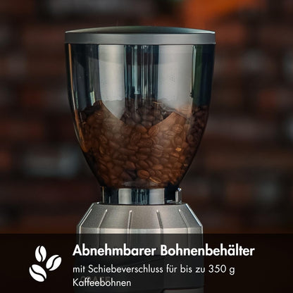 GRAEF Kaffeemühle CM800, Kegelmahlwerk aus Edelstahl, 40 Mahlgradeinstellungen, abnehmbarer 350g Kaffeebohnenbehälter, Antistatik-Einsatz, Grind on Demand Funktion, Aluminiumgehäuse silber