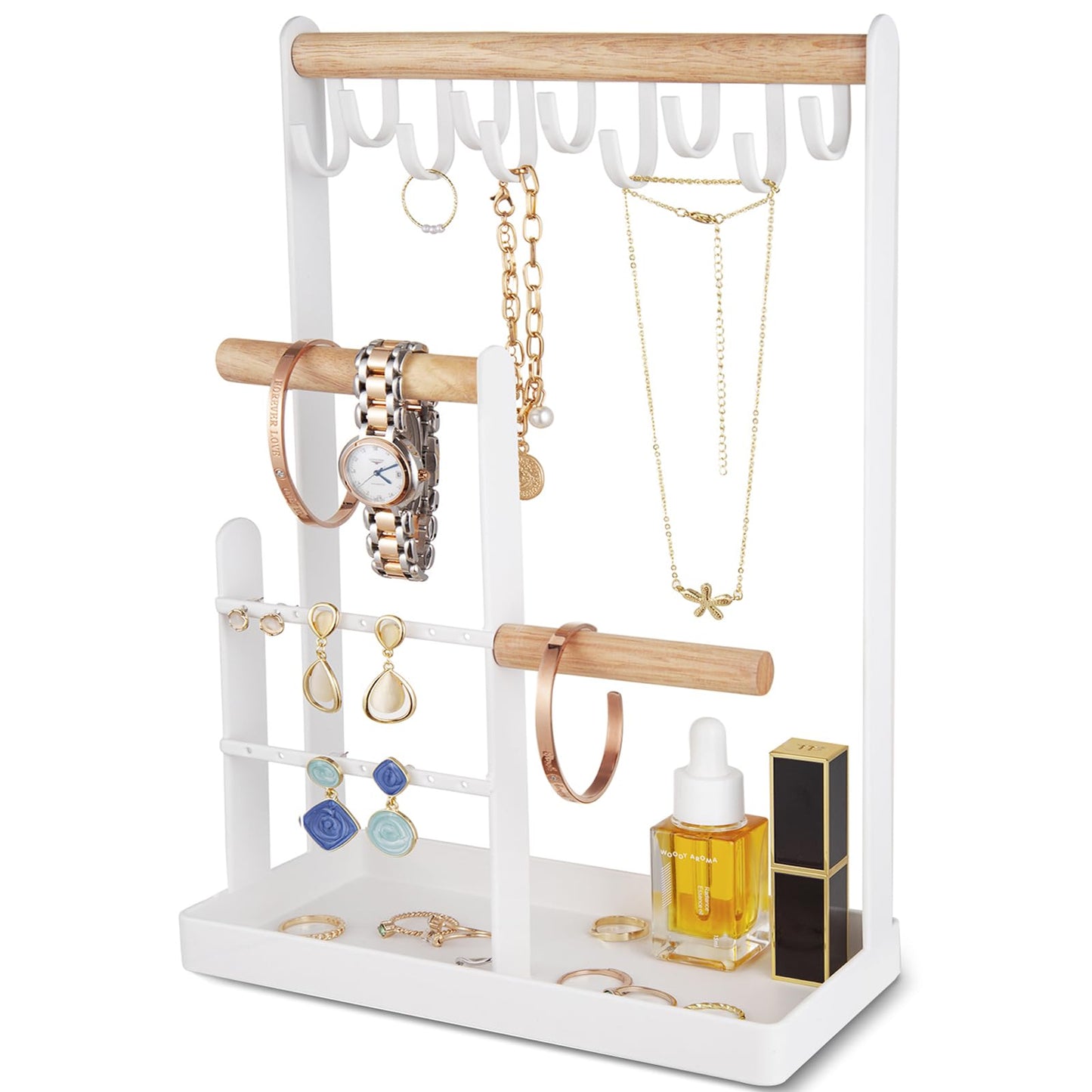 ProCase 4-Tier Jewelry Organizer – Necklace Stand with Ring Tray, Cute Aesthetic Storage Rack for Bracelets, Earrings, and Rings (White)