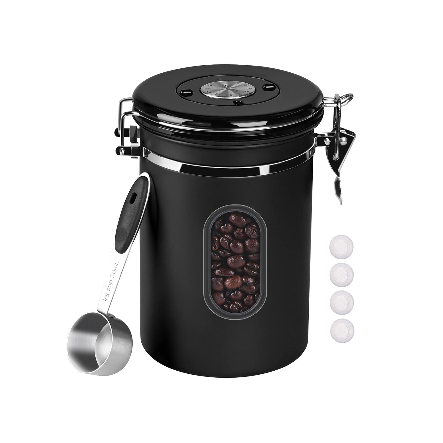 ROCKY&CHAO Airtight Coffee Canister 1.8 L – Stainless Steel Bean Container with Viewing Window (600 g)