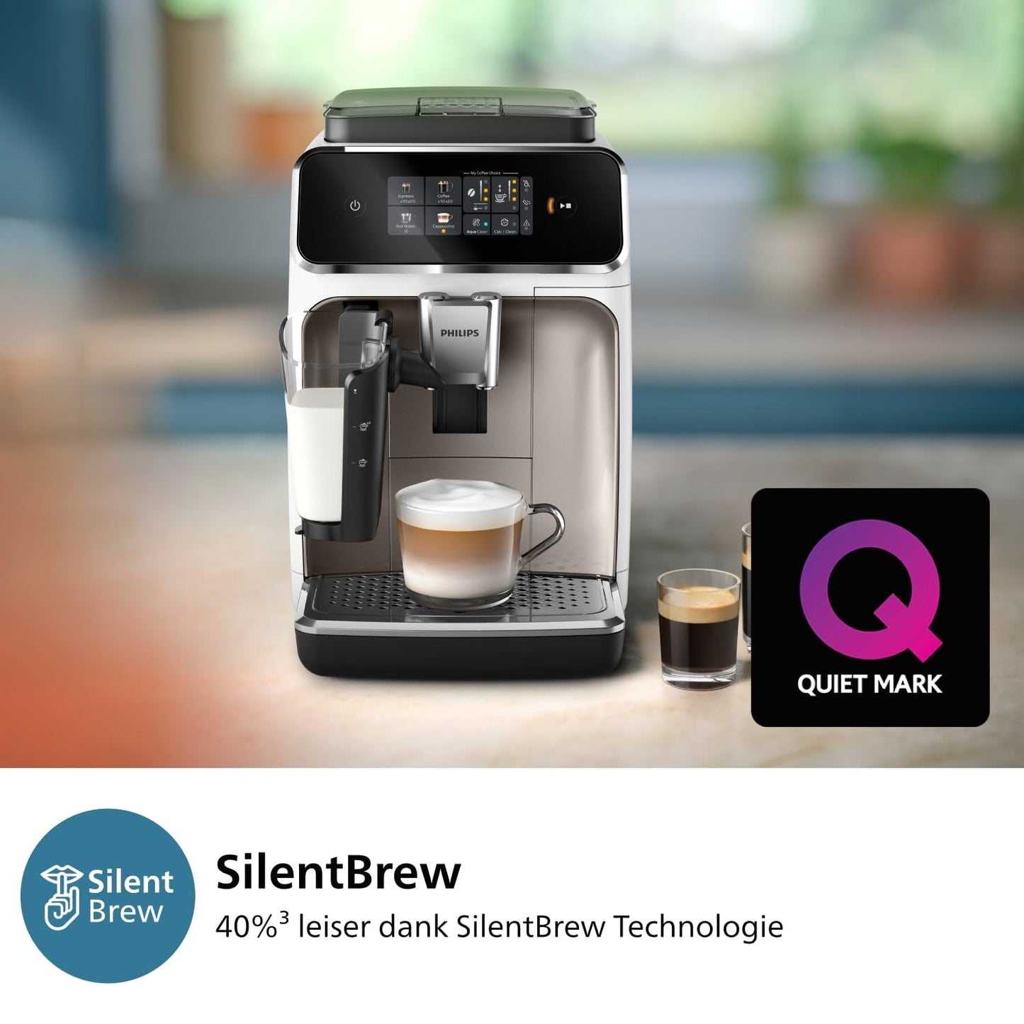 Philips 2300 Serie Vollautomatische Espressomaschine - 4 Getränke, modernes Farb-Touchscreen-Display, LatteGo-Milchsystem, SilentBrew, Keramikmahlwerk, AquaClean-Filter. Weißes Chrom (EP2333/40)