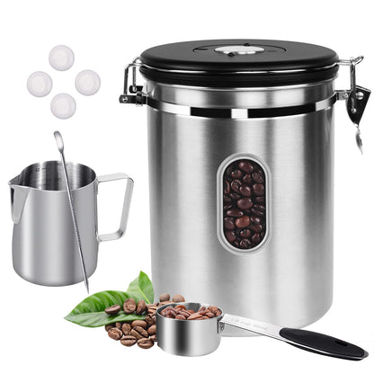 ROCKY&CHAO Airtight Coffee Canister 1.8 L – Stainless Steel Bean Container with Viewing Window (600 g)
