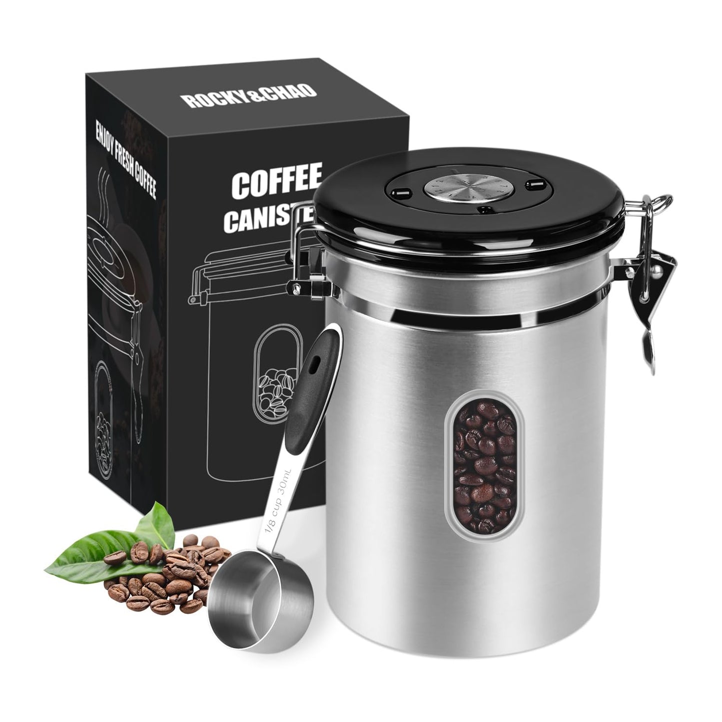 ROCKY&CHAO Airtight Coffee Canister 1.8 L – Stainless Steel Bean Container with Viewing Window (600 g)