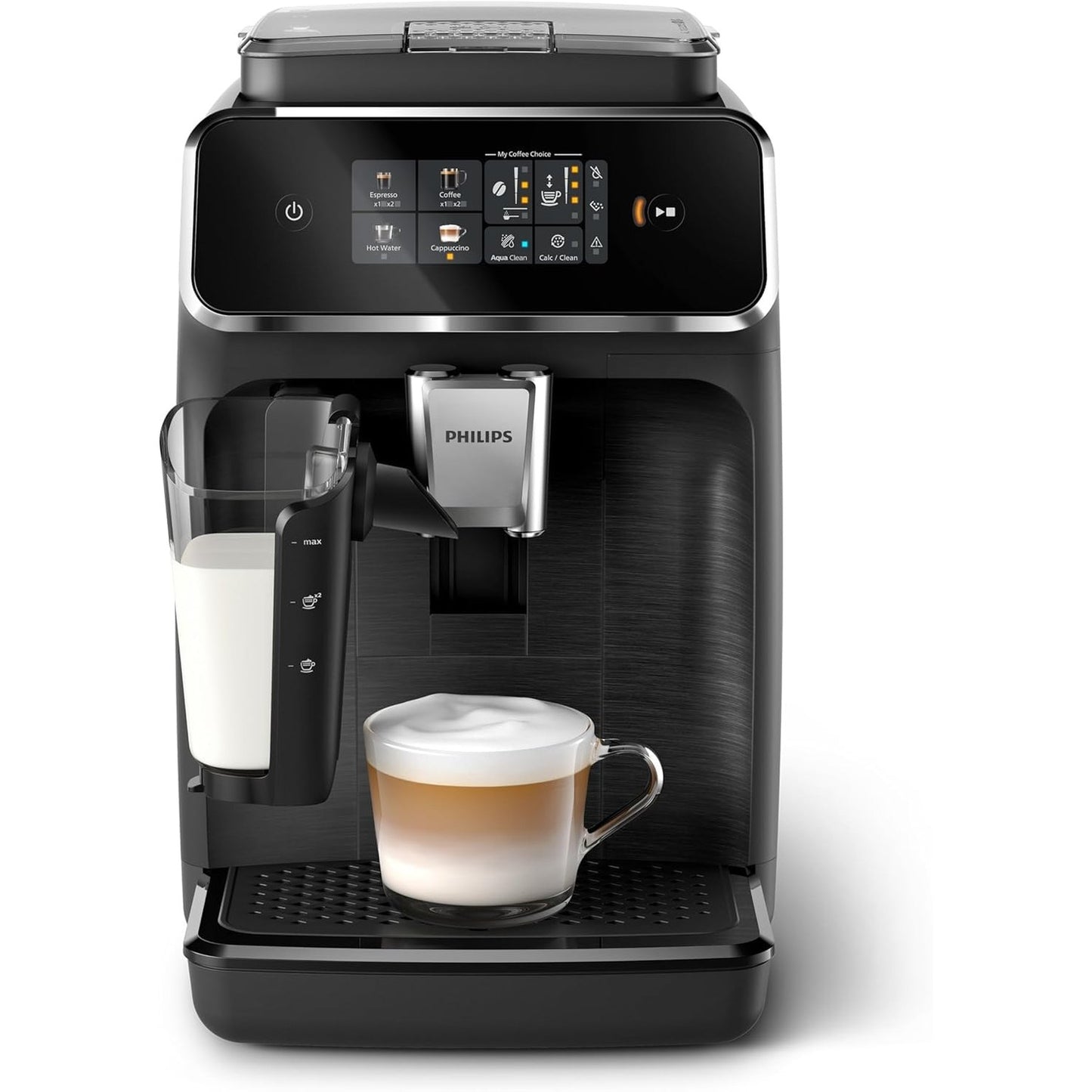 Philips 2300 Serie Vollautomatische Espressomaschine - 4 Getränke, modernes Farb-Touchscreen-Display, LatteGo-Milchsystem, SilentBrew, Keramikmahlwerk, AquaClean-Filter. Weißes Chrom (EP2333/40)