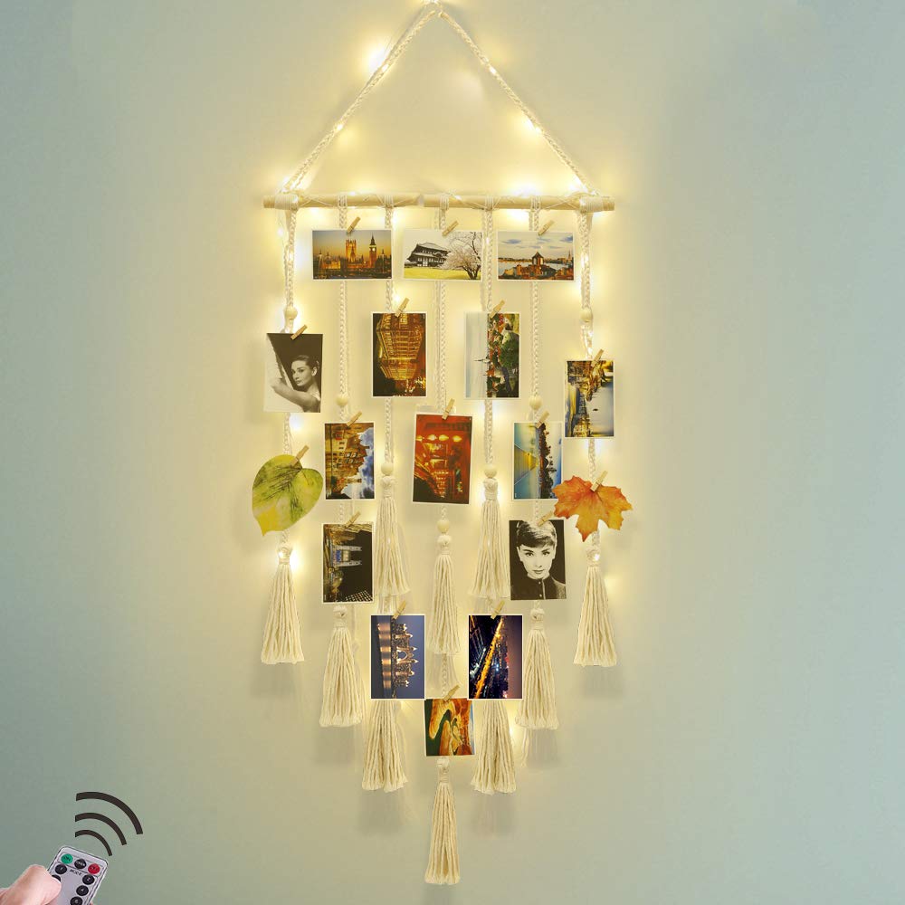 Homecor Hanging Photo Display – Boho Macrame Wall Decor with Lights & 30 Clips, Gift for Teen Girls