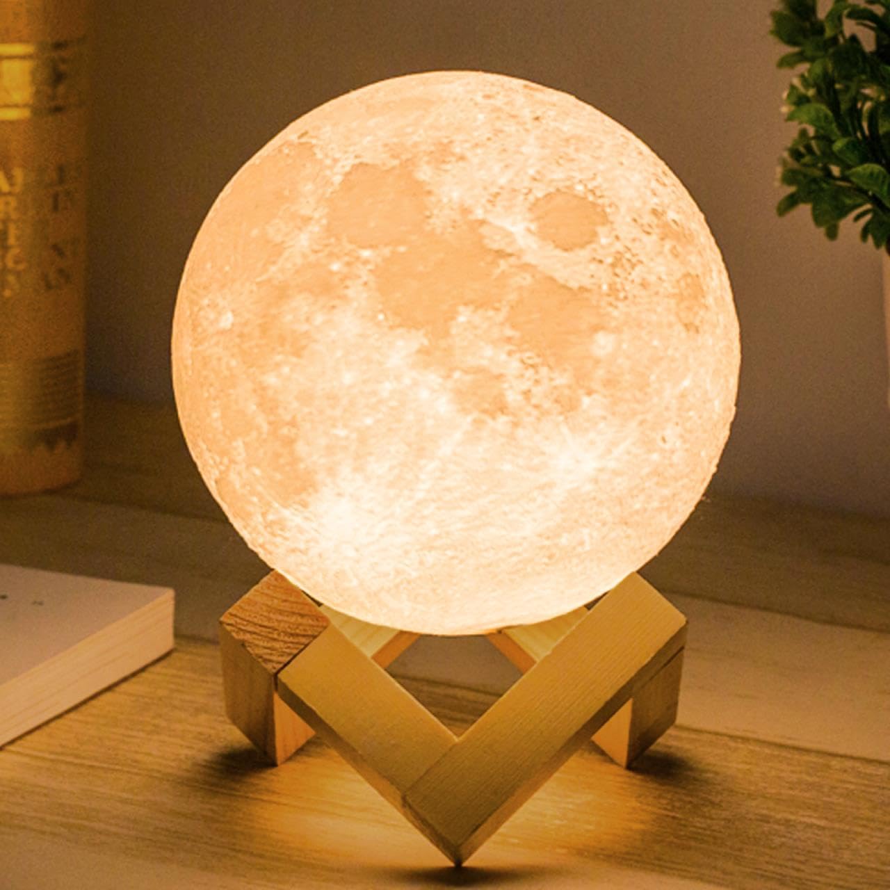 Mydethun 3D Moon Lamp – 15 cm Wooden Base, LED Night Light with Touch Control, White & Yellow, Christmas Gift.