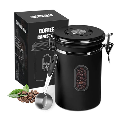 ROCKY&CHAO Airtight Coffee Canister 1.8 L – Stainless Steel Bean Container with Viewing Window (600 g)