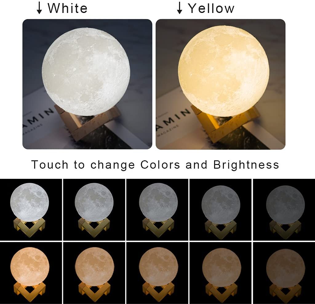 Mydethun 3D Moon Lamp – 15 cm Wooden Base, LED Night Light with Touch Control, White & Yellow, Christmas Gift.