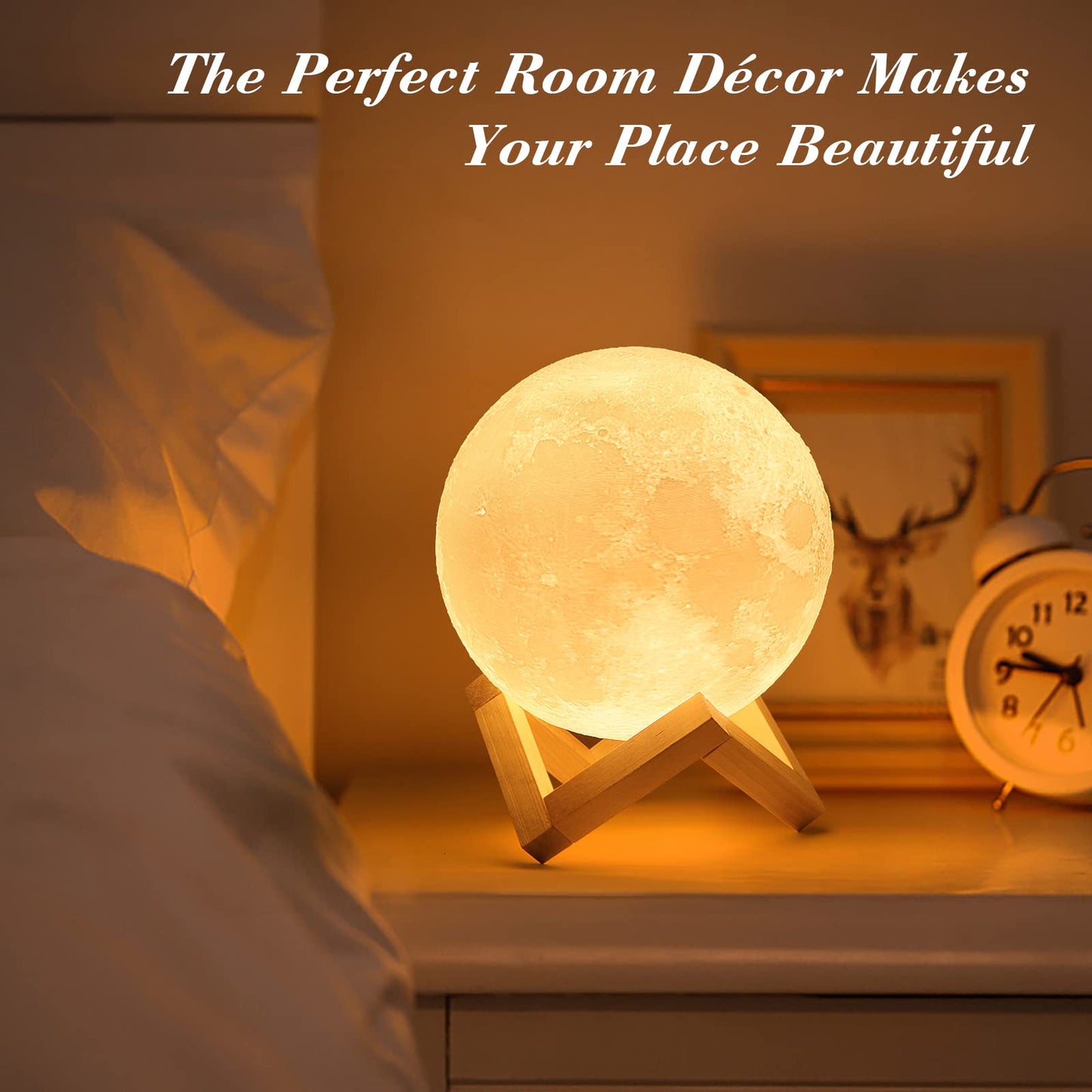 Mydethun 3D Moon Lamp – 15 cm Wooden Base, LED Night Light with Touch Control, White & Yellow, Christmas Gift.