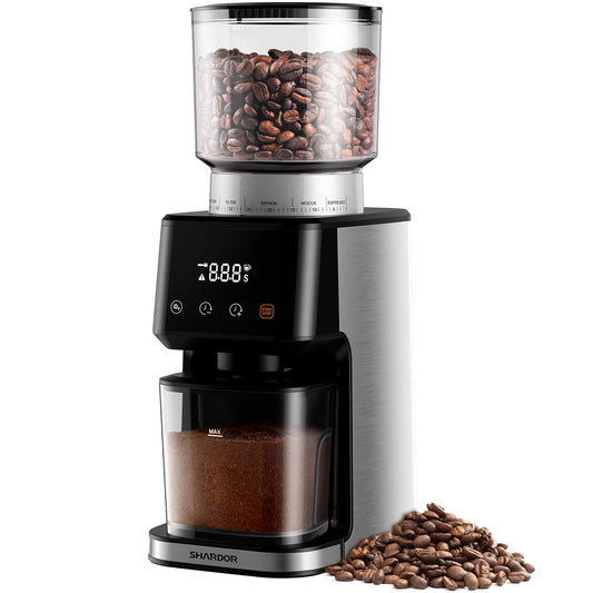 SHARDOR Electric Coffee Grinder with 25 Grinding Settings, Coffee Grinder with Precise Digital Display, Disc Grinder for Espresso, Drip Coffee and French Press, 200 W, 200 g Bean Container