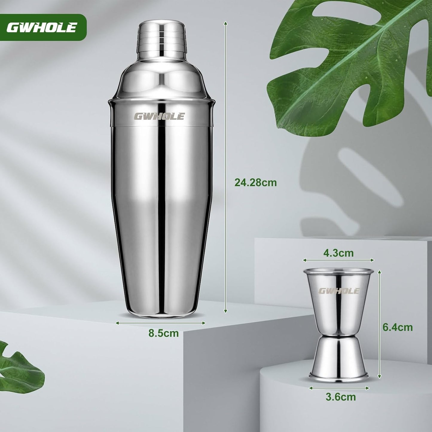 GWHOLE Cocktailshaker Set Cocktailmixer 750ml Bar Zubehör Edelstahl mit Cocktailrezepte Ebook, Messbecher