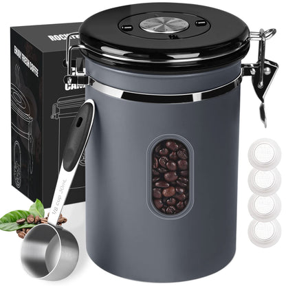 ROCKY&CHAO Airtight Coffee Canister 1.8 L – Stainless Steel Bean Container with Viewing Window (600 g)