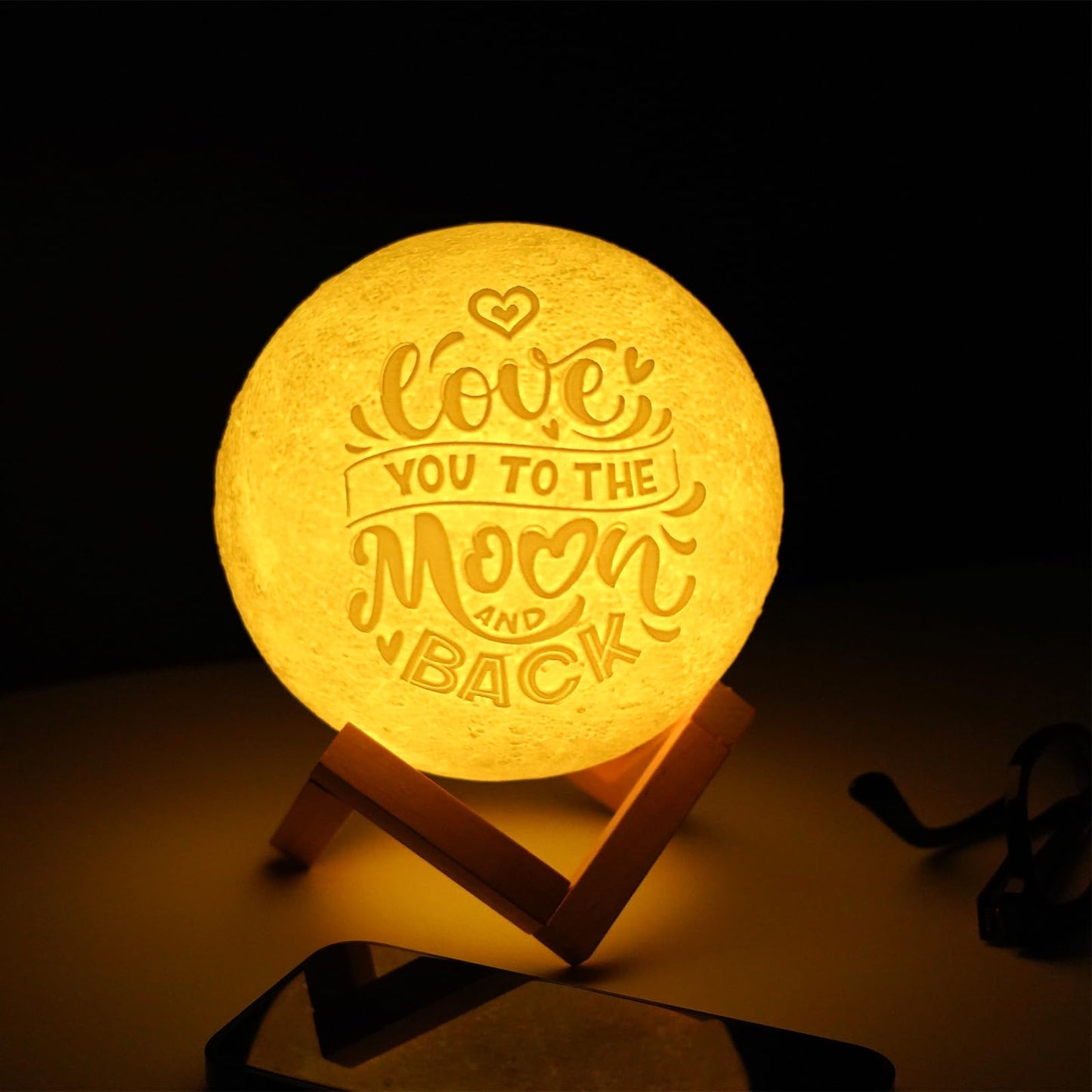 Mydethun 3D Moon Lamp – 15 cm Wooden Base, LED Night Light with Touch Control, White & Yellow, Christmas Gift.