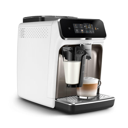Philips 2300 Serie Vollautomatische Espressomaschine - 4 Getränke, modernes Farb-Touchscreen-Display, LatteGo-Milchsystem, SilentBrew, Keramikmahlwerk, AquaClean-Filter. Weißes Chrom (EP2333/40)