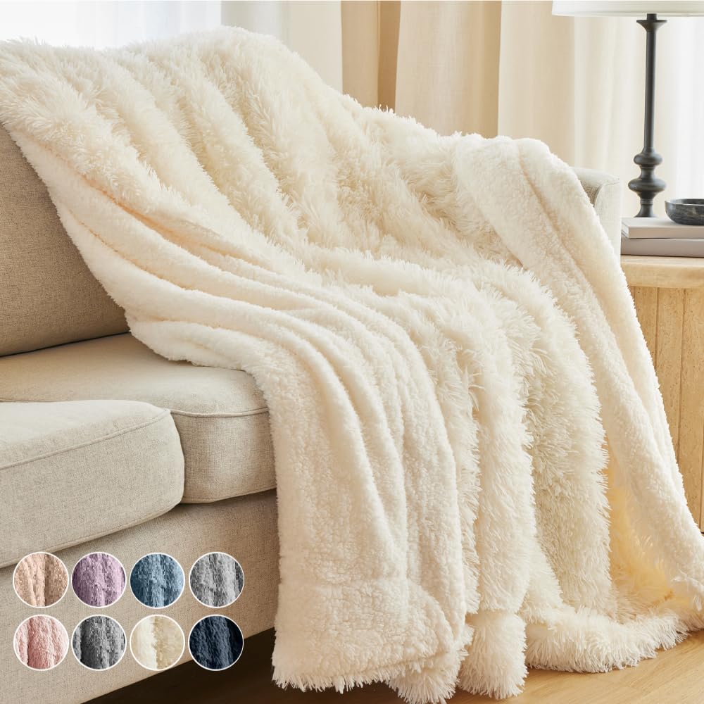 The Connecticut Home Co Throw Blanket for Couch, Soft Luxury Home Decor Faux Fur and Sherpa, Cozy Warm Throws for Bed, Gift for Women, Bedding Accent Blankets for Sofa Beds Chair, 65x50, White - Easiley - B07L5SXCH7