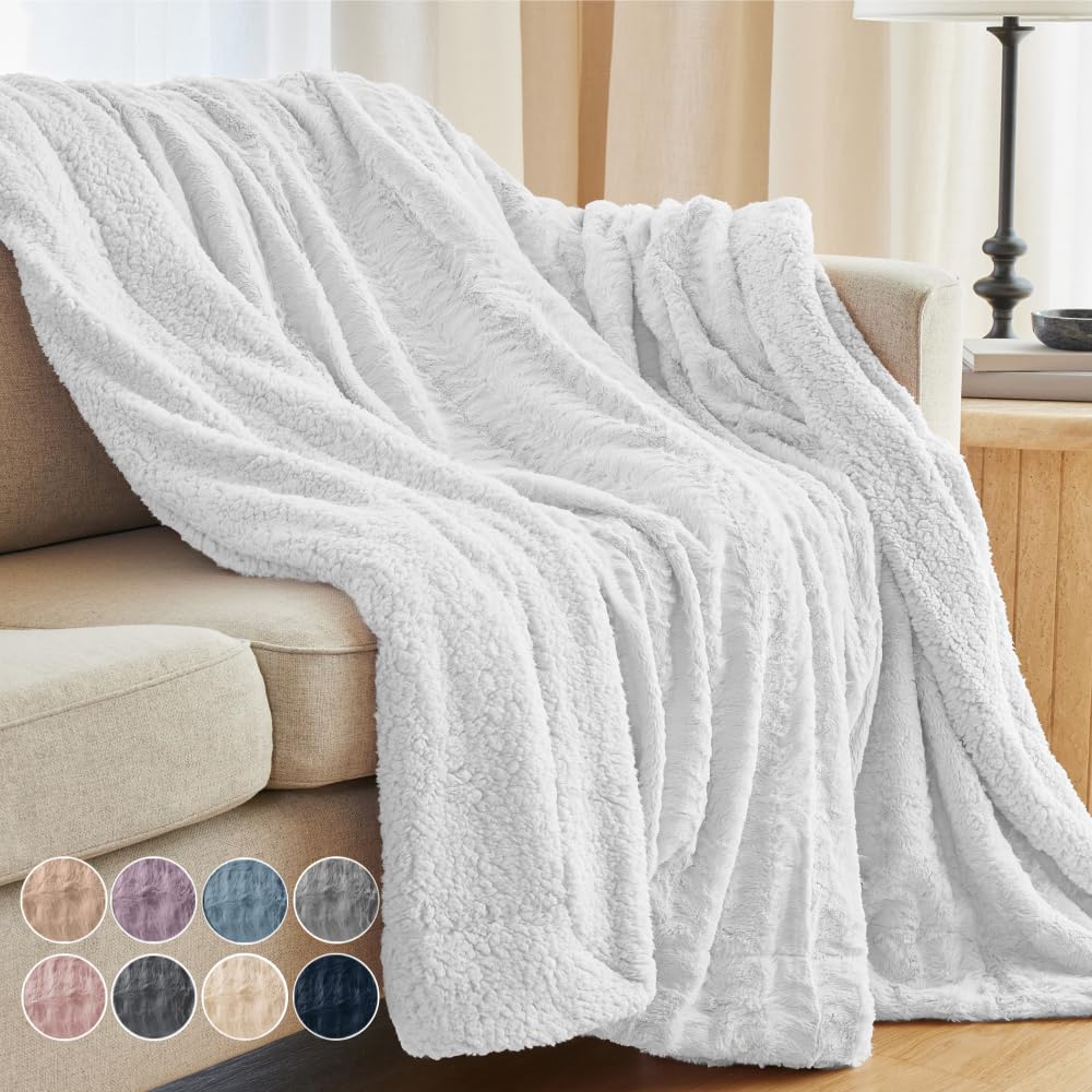 The Connecticut Home Co Throw Blanket for Couch, Soft Luxury Home Decor Faux Fur and Sherpa, Cozy Warm Throws for Bed, Gift for Women, Bedding Accent Blankets for Sofa Beds Chair, 65x50, White - Easiley - B07QDPVRYH