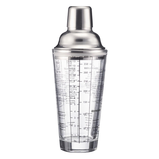 Westmark Cocktail Shaker Sam – Shaker mit Skala und Sieb, professioneller Cocktail-Mixer, Bar Zubehör, inkl. Rezepte zum Mixen von Margarita und mehr – Edelstahl, Glas, 400 ml