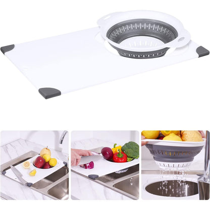 NiHome Over-the-Sink Chopping Board with Foldable Strainer – 2-in-1 Draining & Cutting Board (PP + TPR)