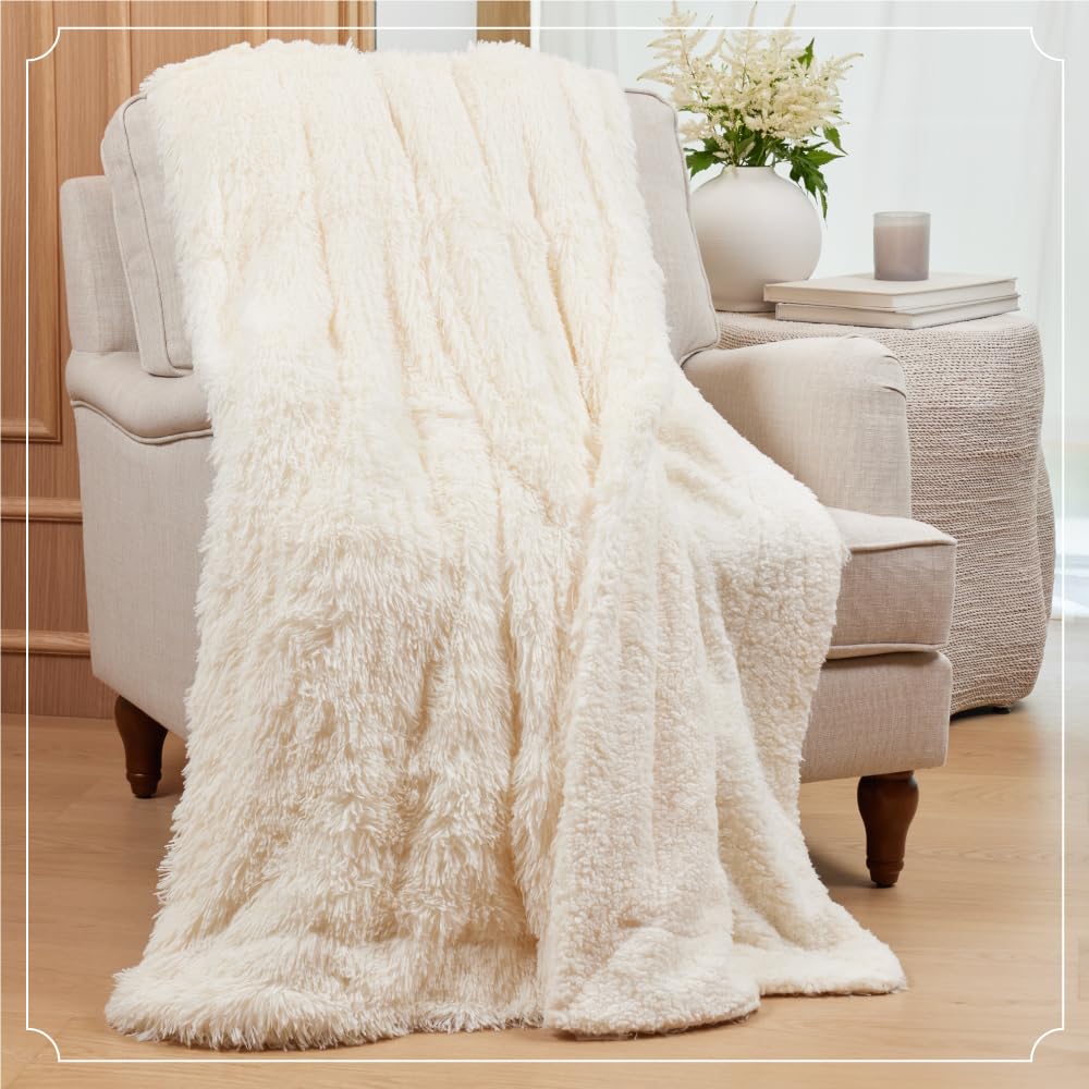 The Connecticut Home Co Throw Blanket for Couch, Soft Luxury Home Decor Faux Fur and Sherpa, Cozy Warm Throws for Bed, Gift for Women, Bedding Accent Blankets for Sofa Beds Chair, 65x50, White - Easiley - B07PWGSBZ7