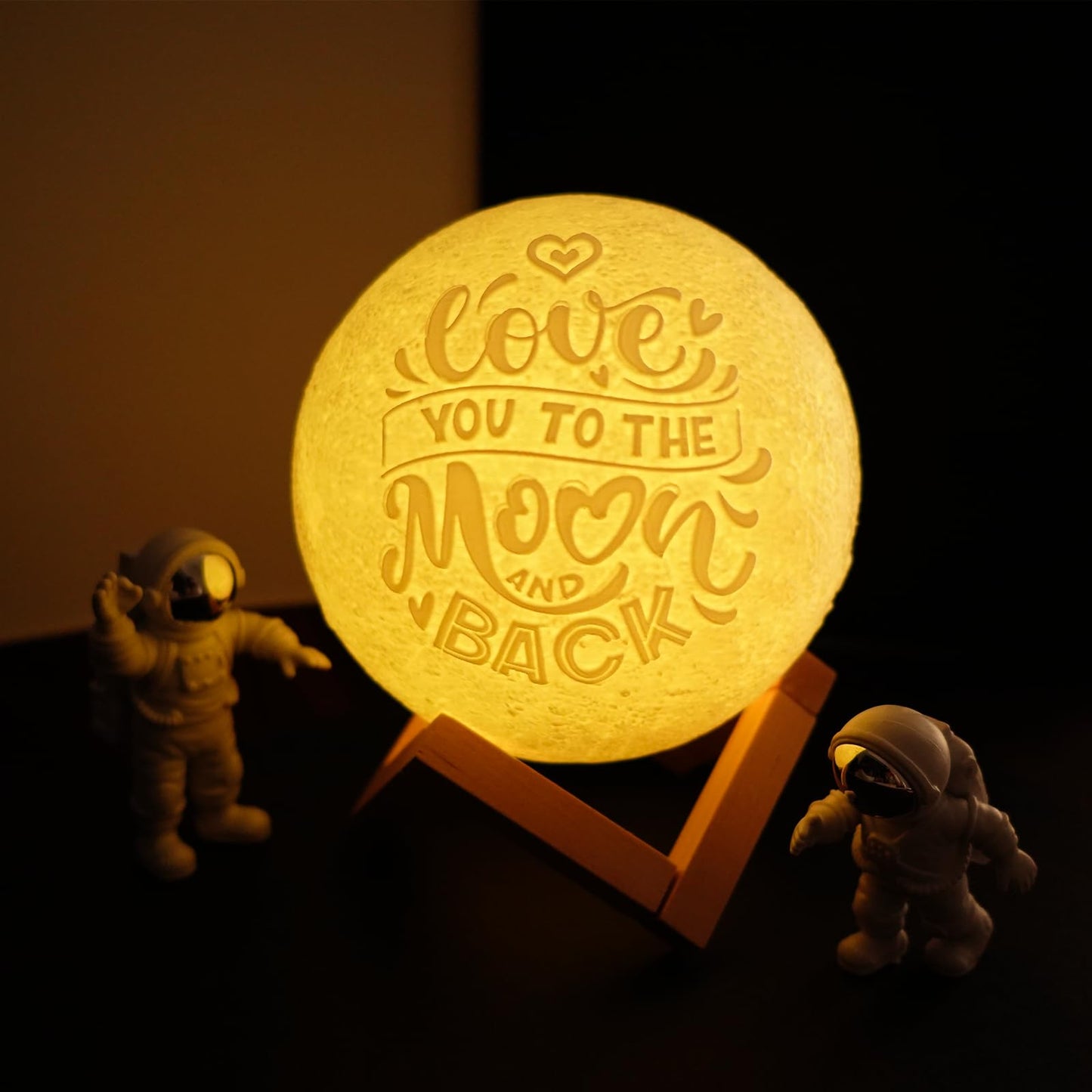 Mydethun 3D Moon Lamp – 15 cm Wooden Base, LED Night Light with Touch Control, White & Yellow, Christmas Gift.