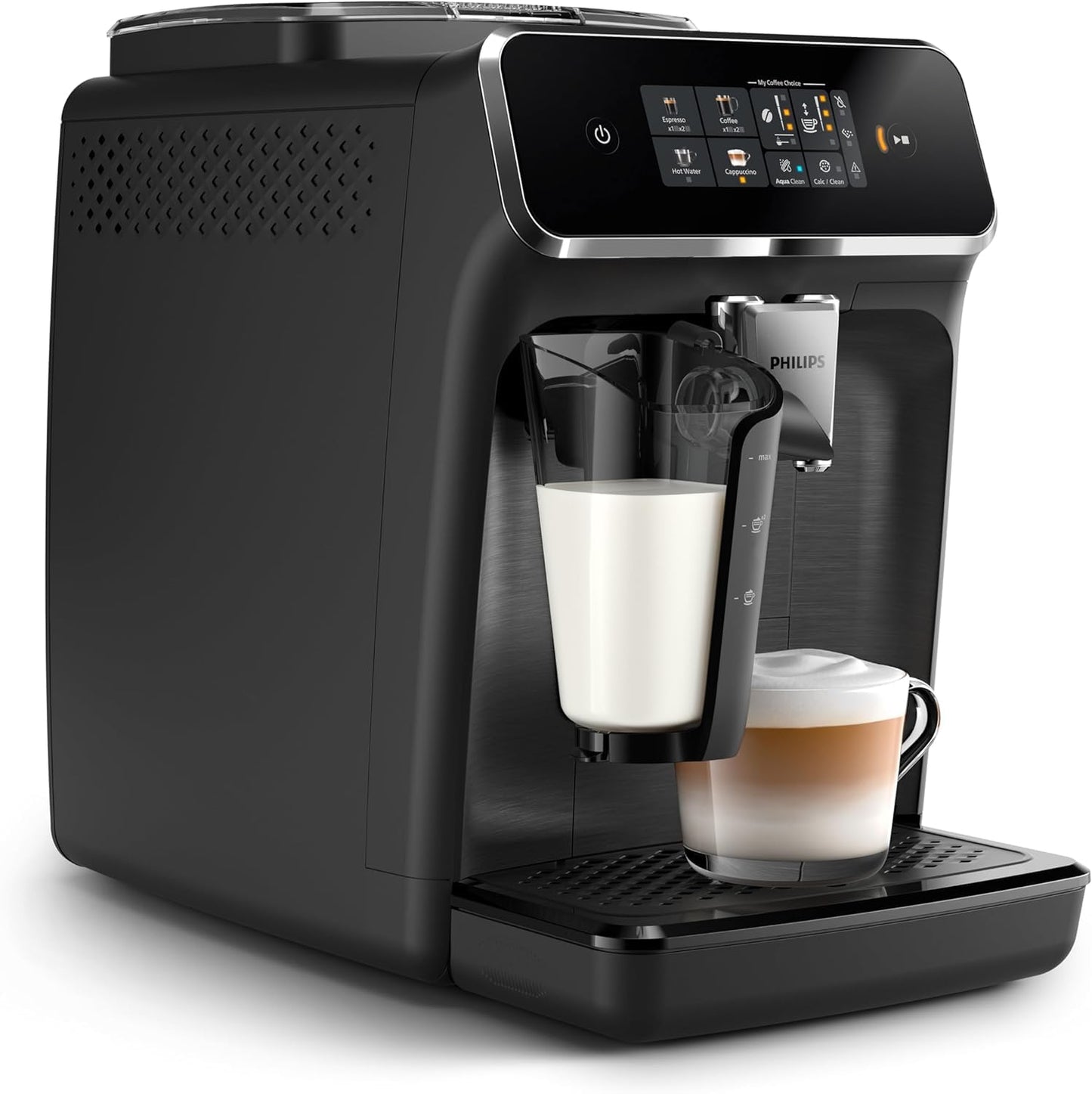 Philips 2300 Serie Vollautomatische Espressomaschine - 4 Getränke, modernes Farb-Touchscreen-Display, LatteGo-Milchsystem, SilentBrew, Keramikmahlwerk, AquaClean-Filter. Weißes Chrom (EP2333/40)