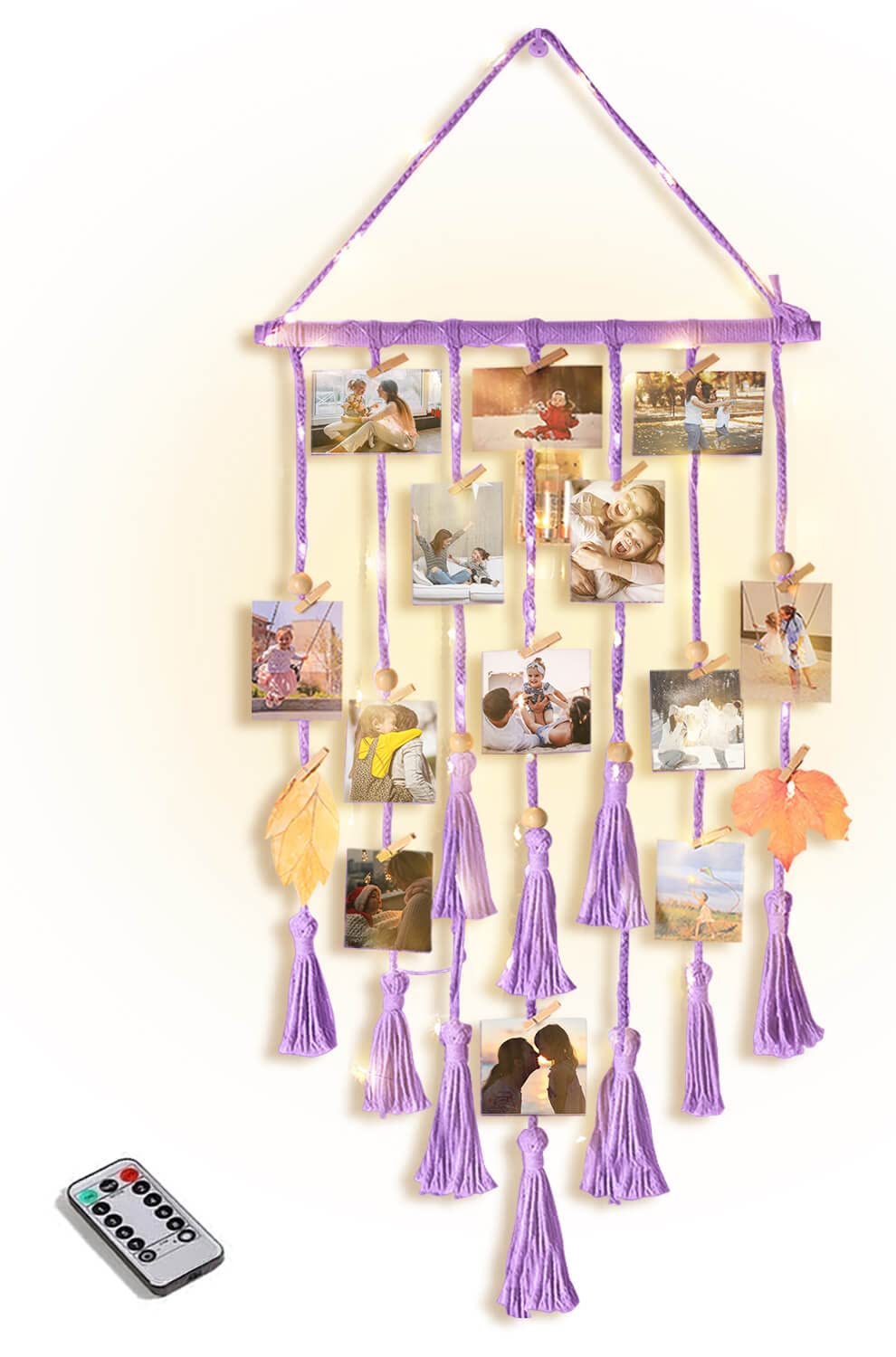 Homecor Hanging Photo Display – Boho Macrame Wall Decor with Lights & 30 Clips, Gift for Teen Girls