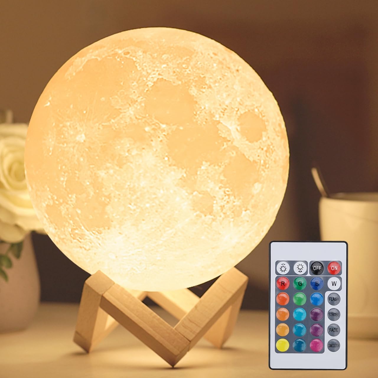 Mydethun 3D Moon Lamp – 15 cm Wooden Base, LED Night Light with Touch Control, White & Yellow, Christmas Gift.