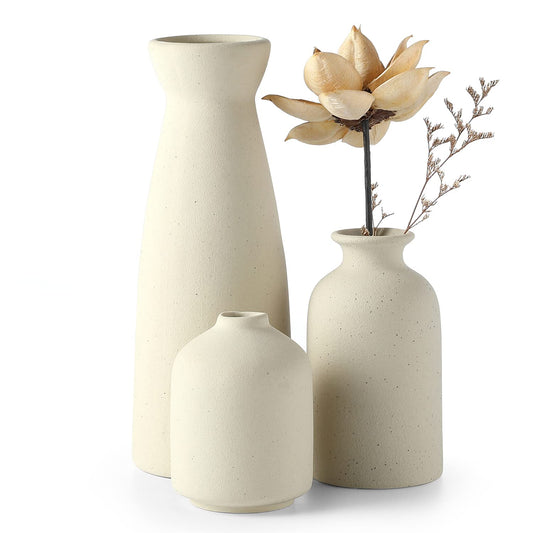 CEMABT Ceramic Vase Set of 3 | Small Rustic Farmhouse Vases for Pampas Grass & Dried Flowers – Decorative Natural Vases for Shelf, Table, Bookshelf & Mantel