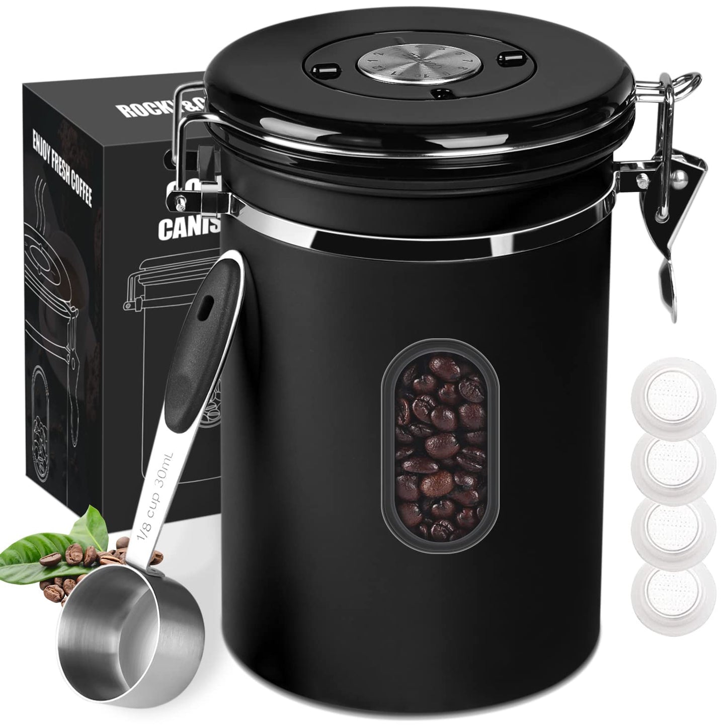 ROCKY&CHAO Airtight Coffee Canister 1.8 L – Stainless Steel Bean Container with Viewing Window (600 g)