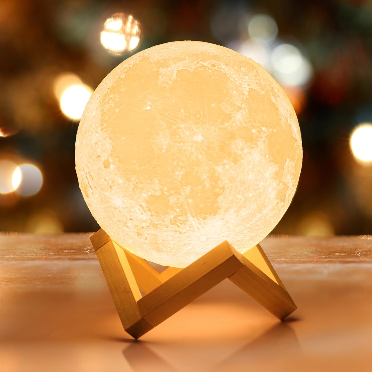 Mydethun 3D Moon Lamp – 15 cm Wooden Base, LED Night Light with Touch Control, White & Yellow, Christmas Gift.