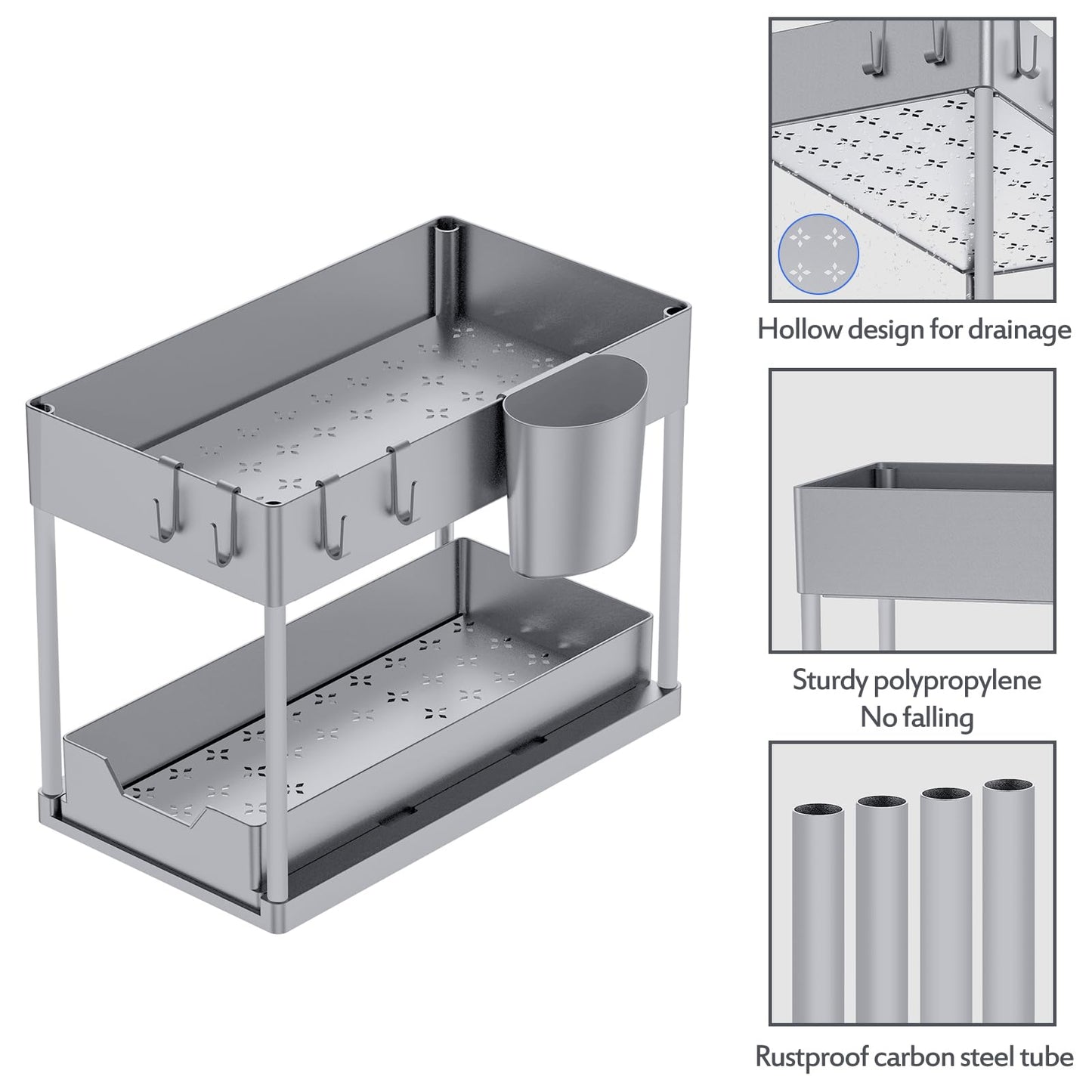 Puricon 2-tasoinen altaan aluskori – monikäyttöinen keittiöhylly ja mausteteline (musta)