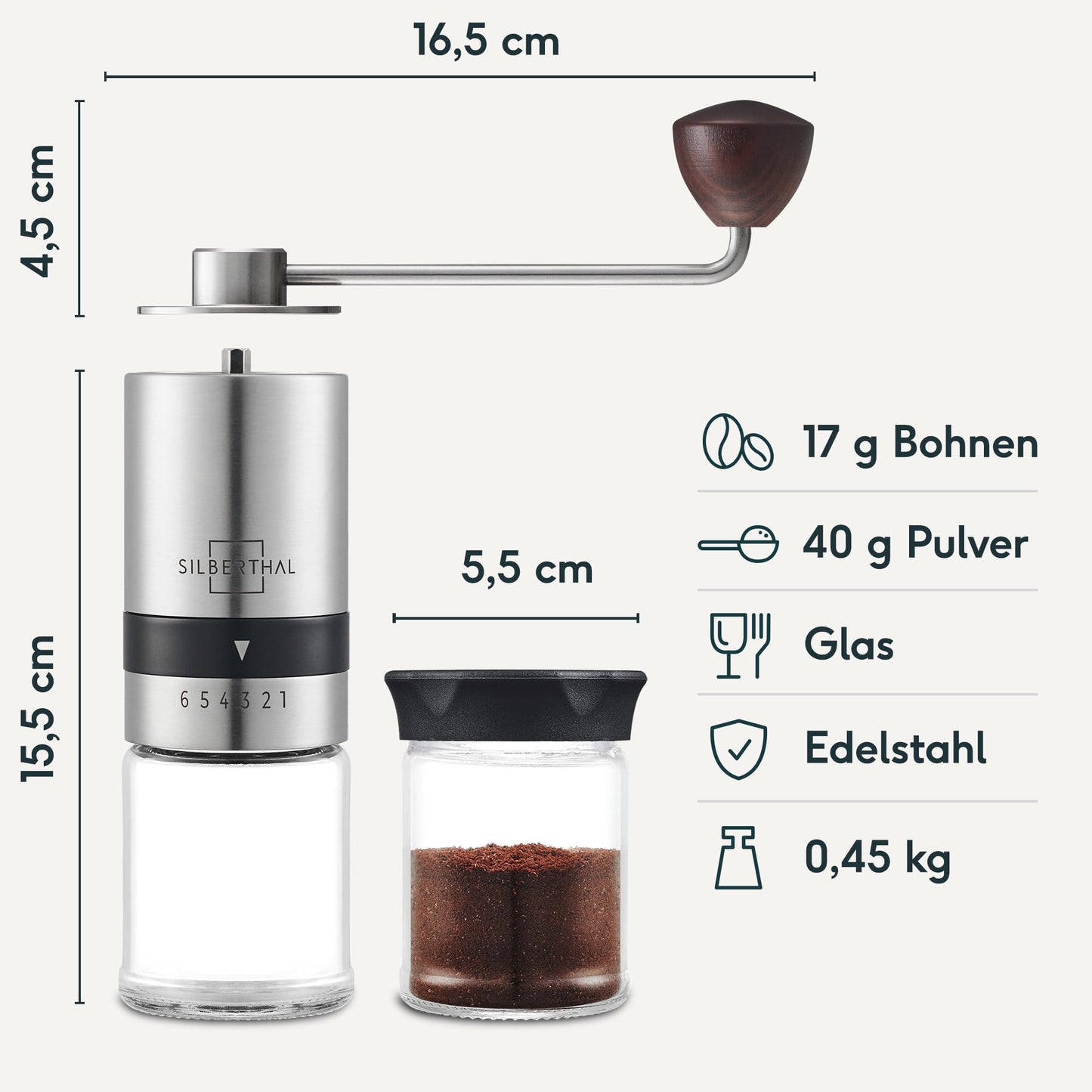 SILBERTHAL Kaffeemühle Manuell Kegelmahlwerk - Verstellbarer Mahlgrad von grob bis fein - Handmühle aus Edelstahl und Glas - Ideale Geschenkidee