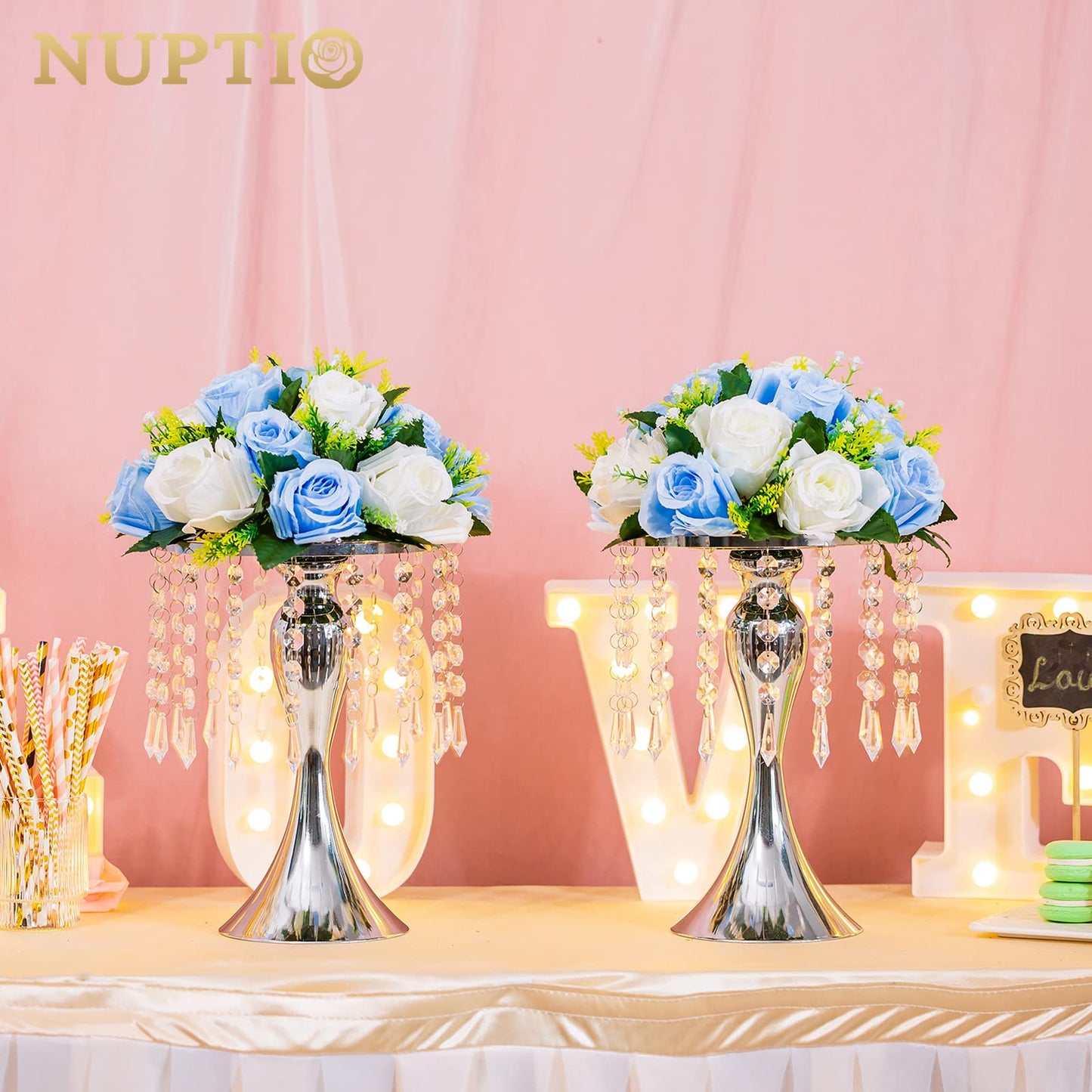Nuptio Kristall-Blumenständer, Hochzeitsdekoration für Tische, 26 cm Höhe, Blumenhalter, Mittelstück, Metall-Blumenvase für Hochzeit, Party, Empfang, Esszimmer, Wohnzimmer, Dekoration, 2 Stück