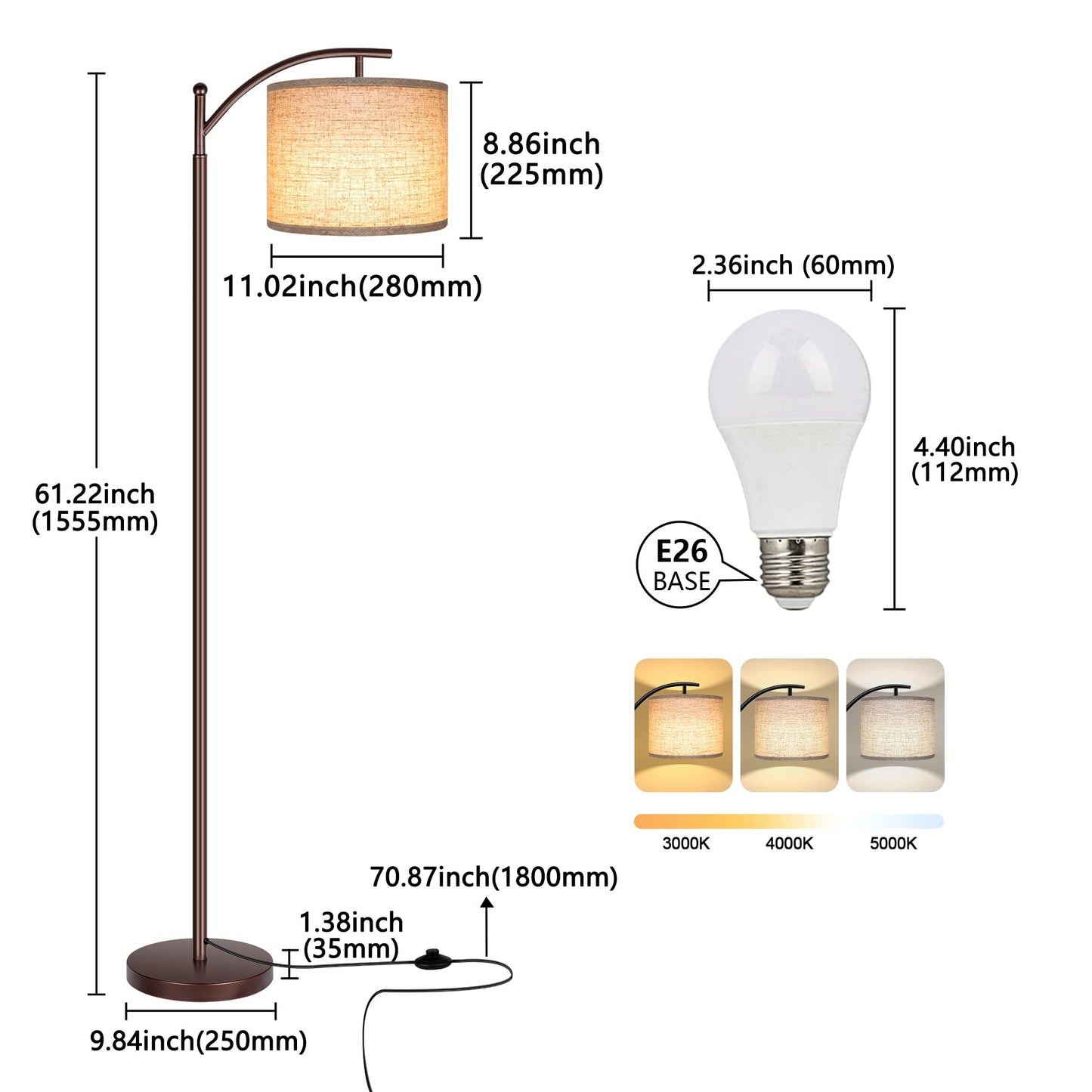 Rottogoon Industrial Floor Lamp – LED Standing Lamp with 9W Bulb & Beige Shade (Oil-Rubbed Bronze).