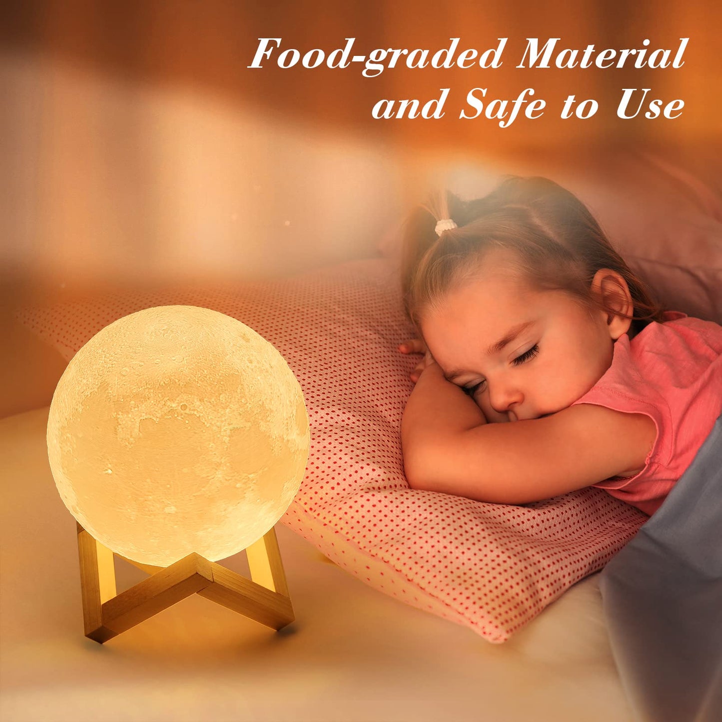 Mydethun 3D Moon Lamp – 15 cm Wooden Base, LED Night Light with Touch Control, White & Yellow, Christmas Gift.