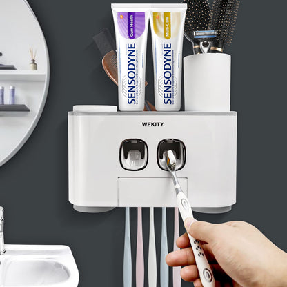 WEKITY Wall-Mounted Toothbrush Holder & Automatic Toothpaste Dispenser Set – 5 Slots, 4 Cups, No Drilling