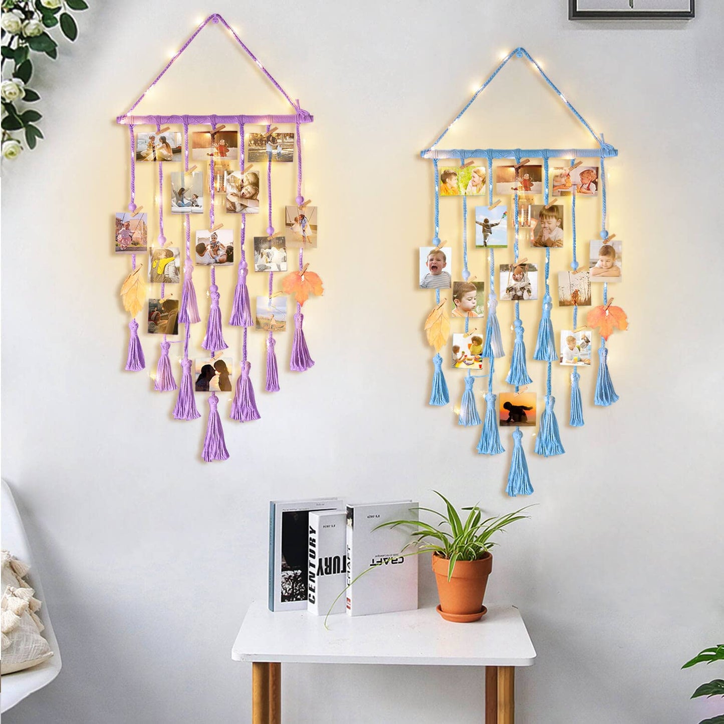 Homecor Hanging Photo Display – Boho Macrame Wall Decor with Lights & 30 Clips, Gift for Teen Girls