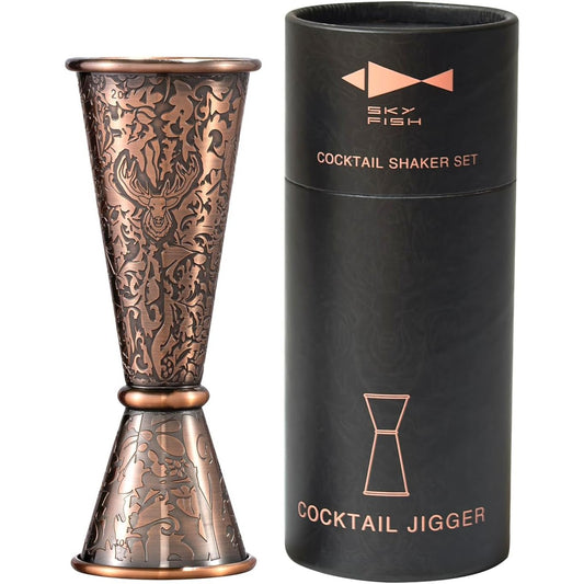 SKY FISH Cocktail Jigger | 3D-Geprägtes Doppel Spiritus-Messgerät | Japanischen Barmaß mit Skala 1oz/2oz | Antik-Kupfer Cocktail Messbecher | Handwäsche.