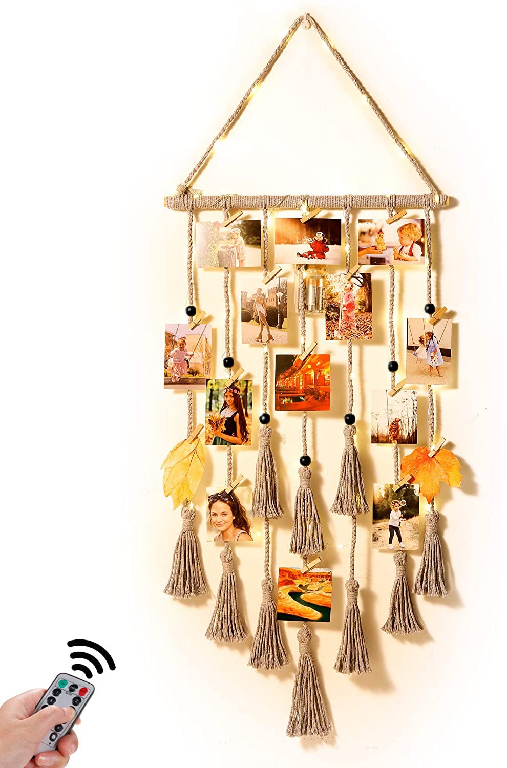 Homecor Hanging Photo Display – Boho Macrame Wall Decor with Lights & 30 Clips, Gift for Teen Girls